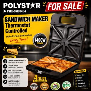 Polystar PVKL-SM604B4 Sandwich Maker – Thermostat Controlled (1400W)